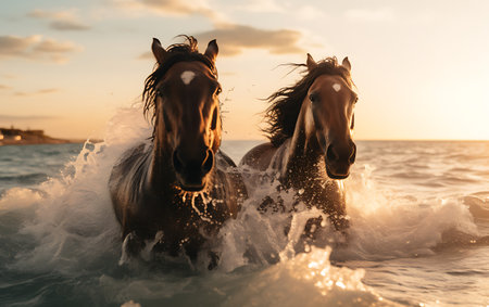 Two horses bathe in the sea on a background of the sunsetの素材
