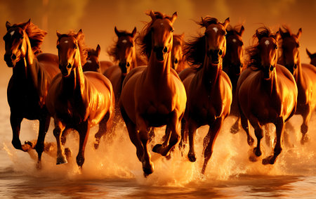 White horses running on the beach at sunsetの素材