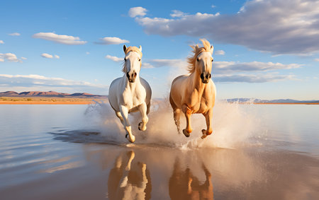 White horses running on the beach at sunsetの素材