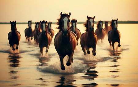 White horses running on the beach at sunsetの素材