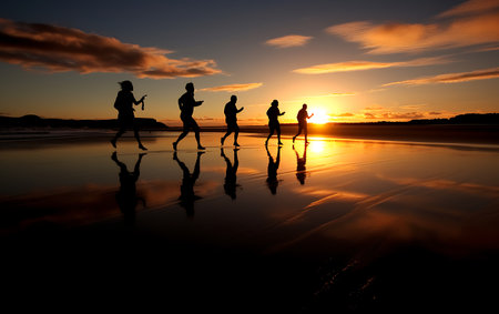 White horses running on the beach at sunsetの素材