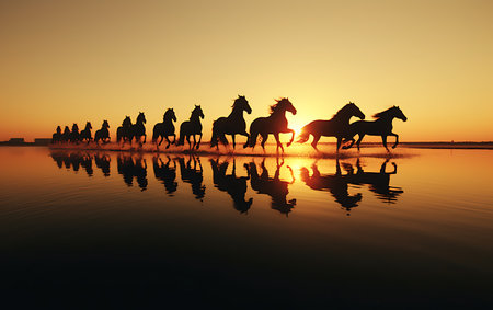 White horses running on the beach at sunsetの素材