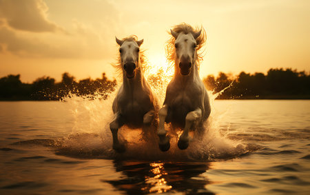 White horses running on the beach at sunsetの素材
