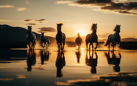 White horses running on the beach at sunsetの素材
