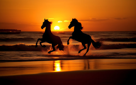 White horses running on the beach at sunsetの素材