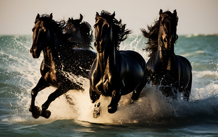White horses running on the beach at sunsetの素材