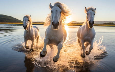 White horses running on the beach at sunsetの素材