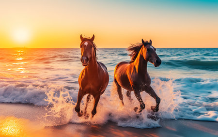 White horses running on the beach at sunsetの素材