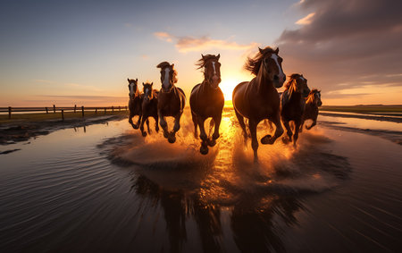 White horses running on the beach at sunsetの素材