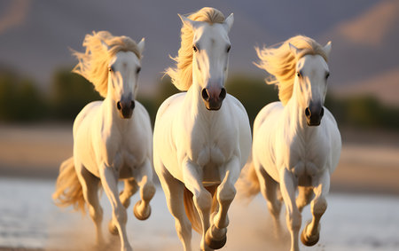 White horses running on the beach at sunsetの素材