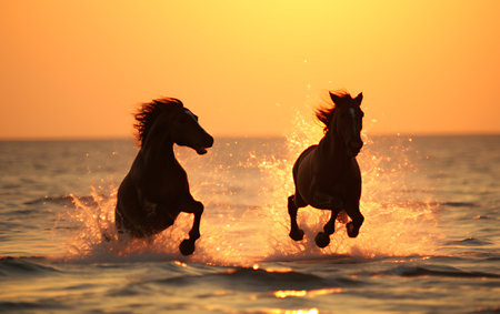 White horses running on the beach at sunsetの素材
