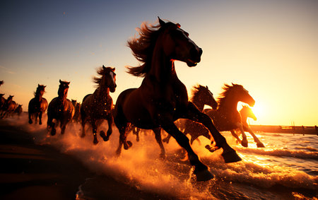 White horses running on the beach at sunsetの素材