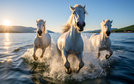 White horses running on the beach at sunsetの素材