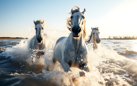 White horses running on the beach at sunsetの素材