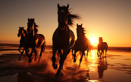 White horses running on the beach at sunsetの素材