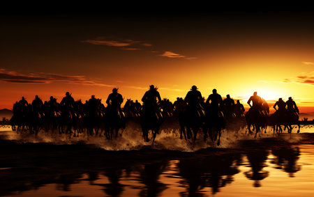 White horses running on the beach at sunsetの素材