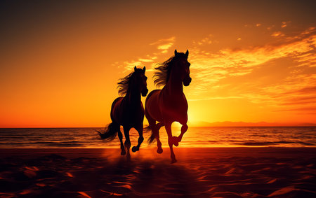 White horses running on the beach at sunsetの素材