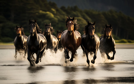 White horses running on the beach at sunsetの素材