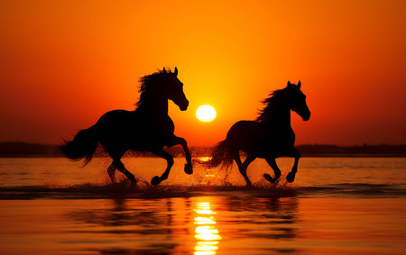 White horses running on the beach at sunsetの素材