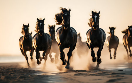 White horses running on the beach at sunsetの素材