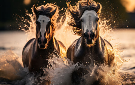 White horses running on the beach at sunsetの素材