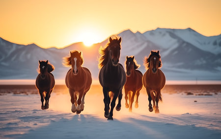 White horses running on the beach at sunsetの素材