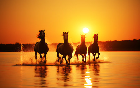 White horses running on the beach at sunsetの素材