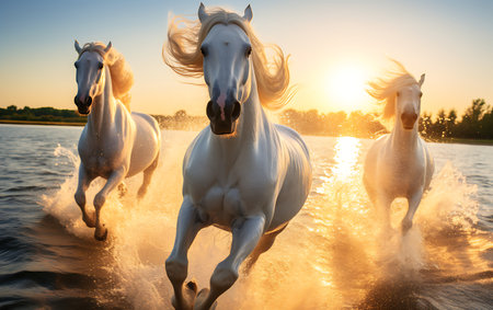 White horses running on the beach at sunsetの素材