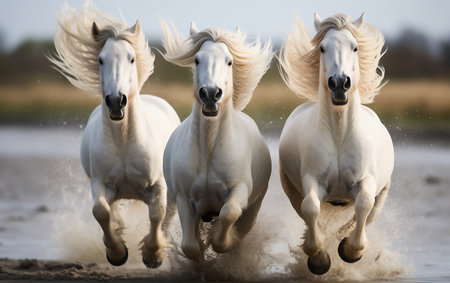 White horses running on the beach at sunsetの素材