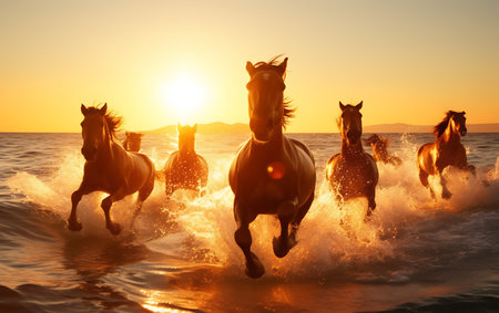White horses running on the beach at sunsetの素材