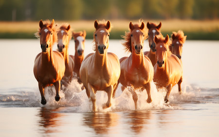 White horses running on the beach at sunsetの素材