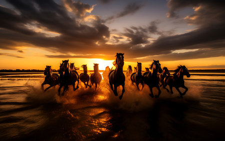White horses running on the beach at sunsetの素材