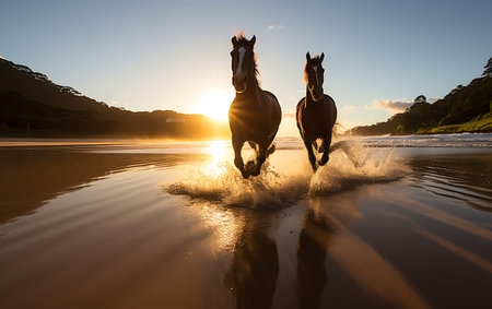 White horses running on the beach at sunsetの素材
