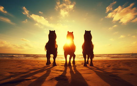 White horses running on the beach at sunsetの素材