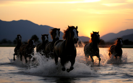 White horses running on the beach at sunsetの素材