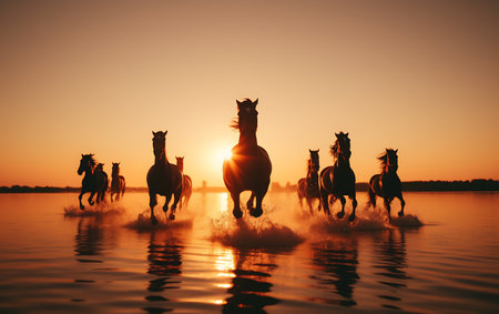White horses running on the beach at sunsetの素材