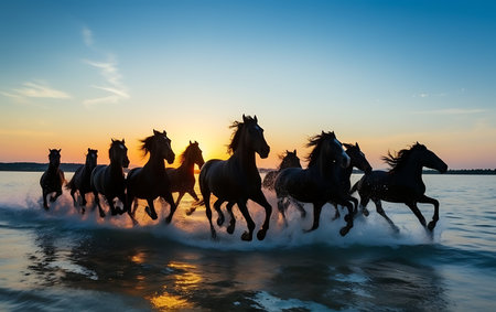 White horses running on the beach at sunsetの素材