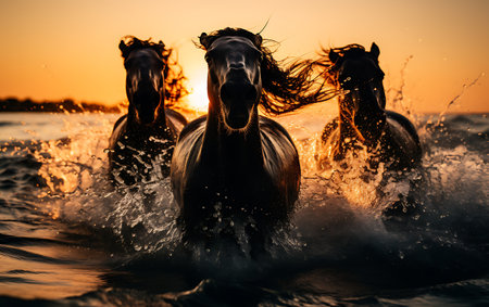 White horses running on the beach at sunsetの素材