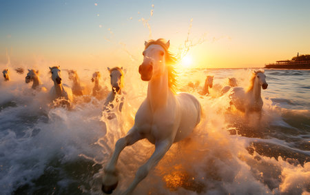 White horses running on the beach at sunsetの素材