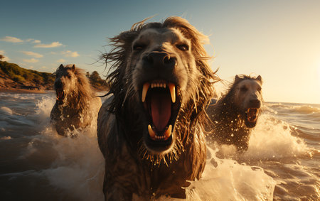 White horses running on the beach at sunsetの素材