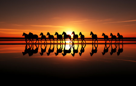 White horses running on the beach at sunsetの素材