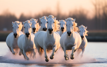 White horses running on the beach at sunsetの素材