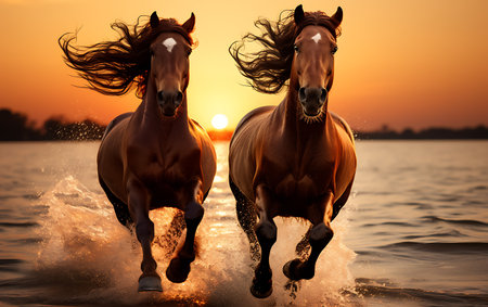 White horses running on the beach at sunsetの素材