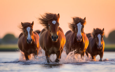 White horses running on the beach at sunsetの素材