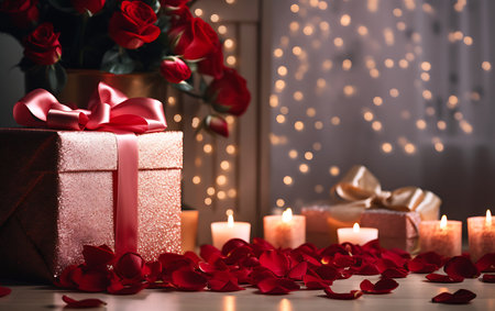 Gift box with red rose petals and burning candles on tableの素材