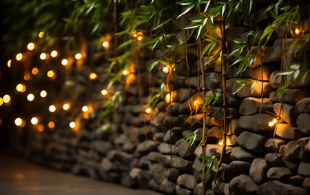 Decorated brick wall with green bamboo and garland lights.の素材