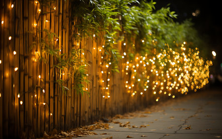 Bamboo fence decorated with garland lights in the park at nightの素材