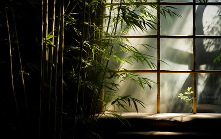 Bamboo plant and sunlight through the window at night, stock photoの素材