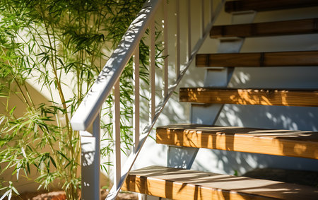 Wooden stairs in the garden with bamboo and sunflare.の素材