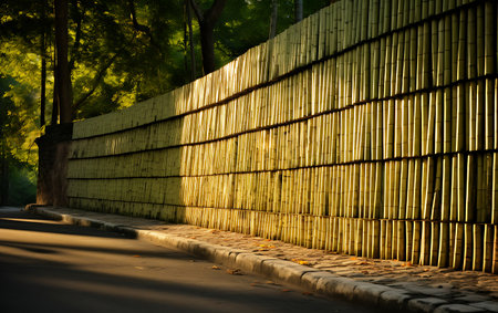 bamboo fence on the road in the park with sunlight at sunsetの素材
